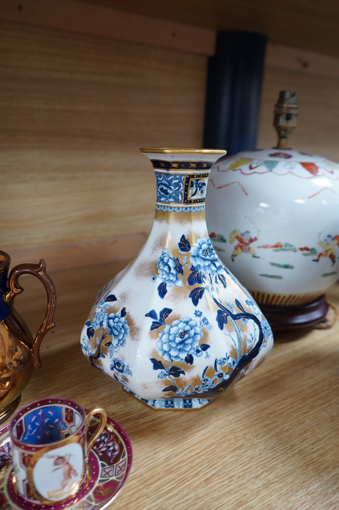 A bisque figure group of the Three Graces - 27cm high, a smaller smaller bisque figure, a pair of Vienna style coffee cans and saucers and a collection of mixed floral china. (22)